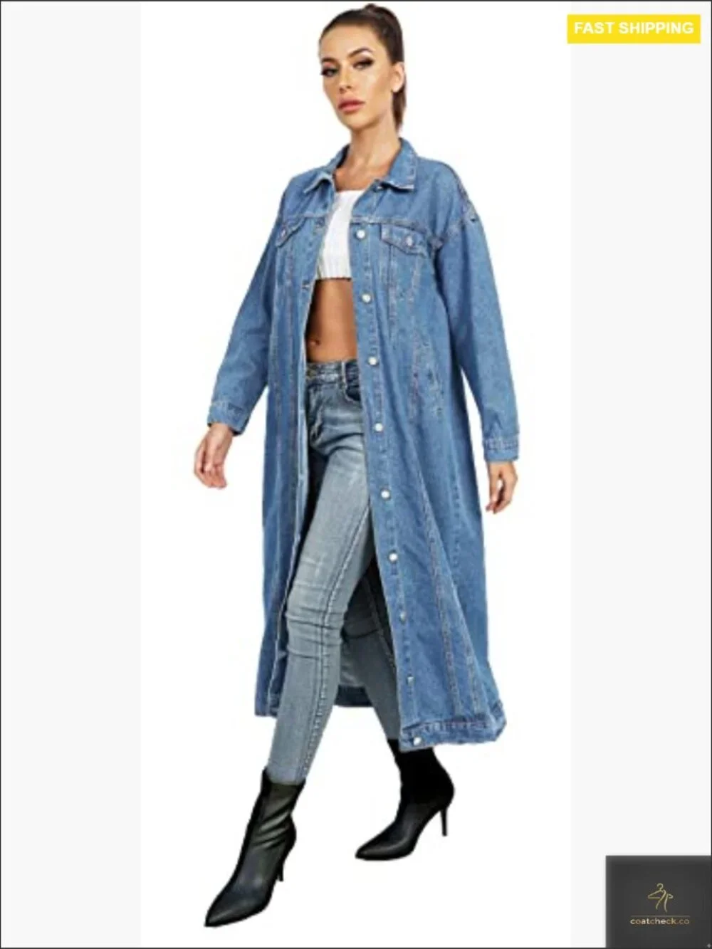 Classic Denim Trench Coat Oversized Loose Fit Long Sleeve Button Down Jacket - Picture 4 of 6